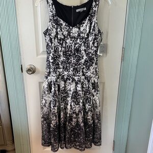 Danny & Nicole Black and White Floral Fit-and-Flare Midi Dress